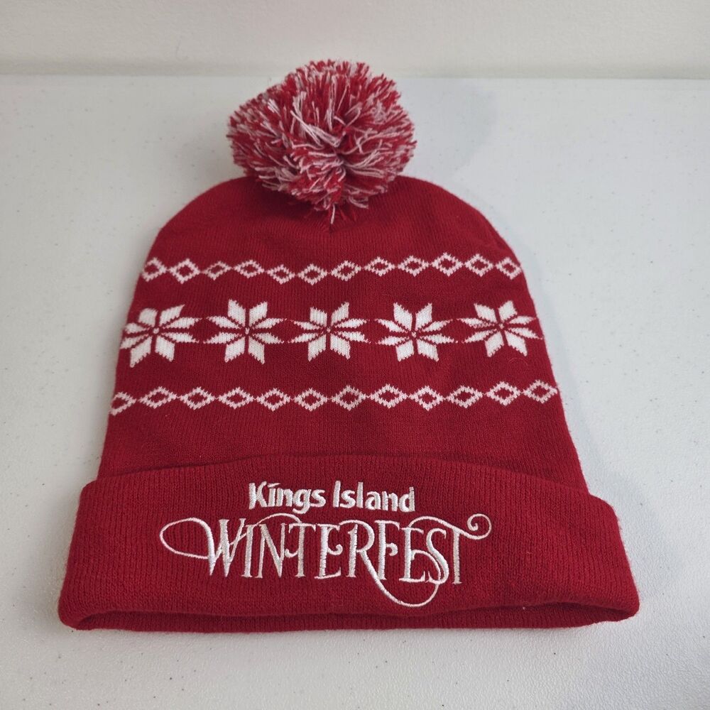 Red & White Kings Island Winterfest Beanie Hat Adult Holiday Snowflake